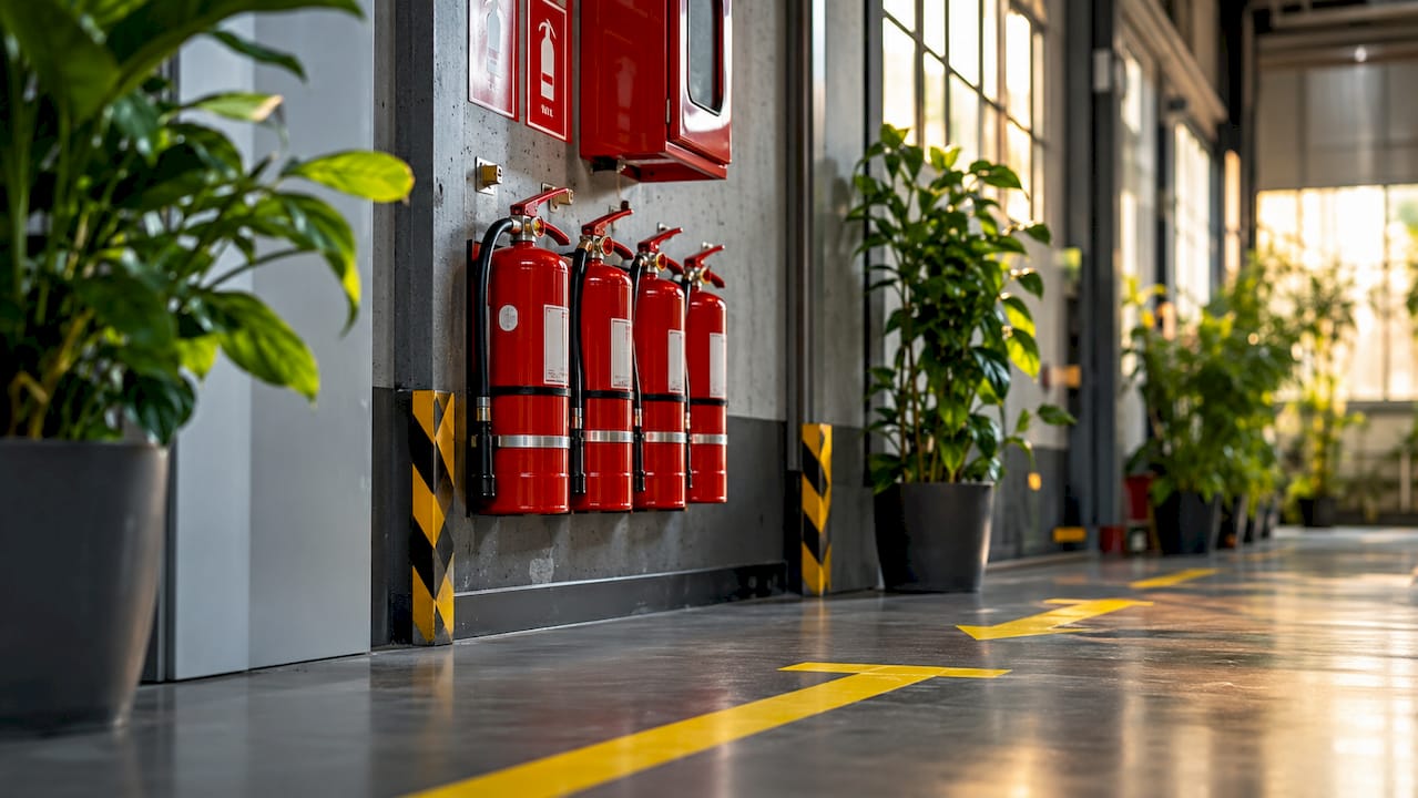 Pogled na industrijsko stavbo, opremljeno s sodobnimi sistemi za požarno varnost