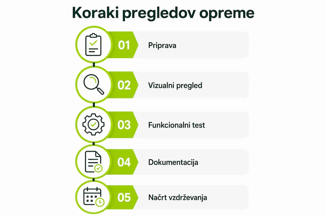 Ta infografika nazorno prikazuje ključne korake pregleda opreme, s katerimi lahko poskrbimo za večjo varnost pri delu.