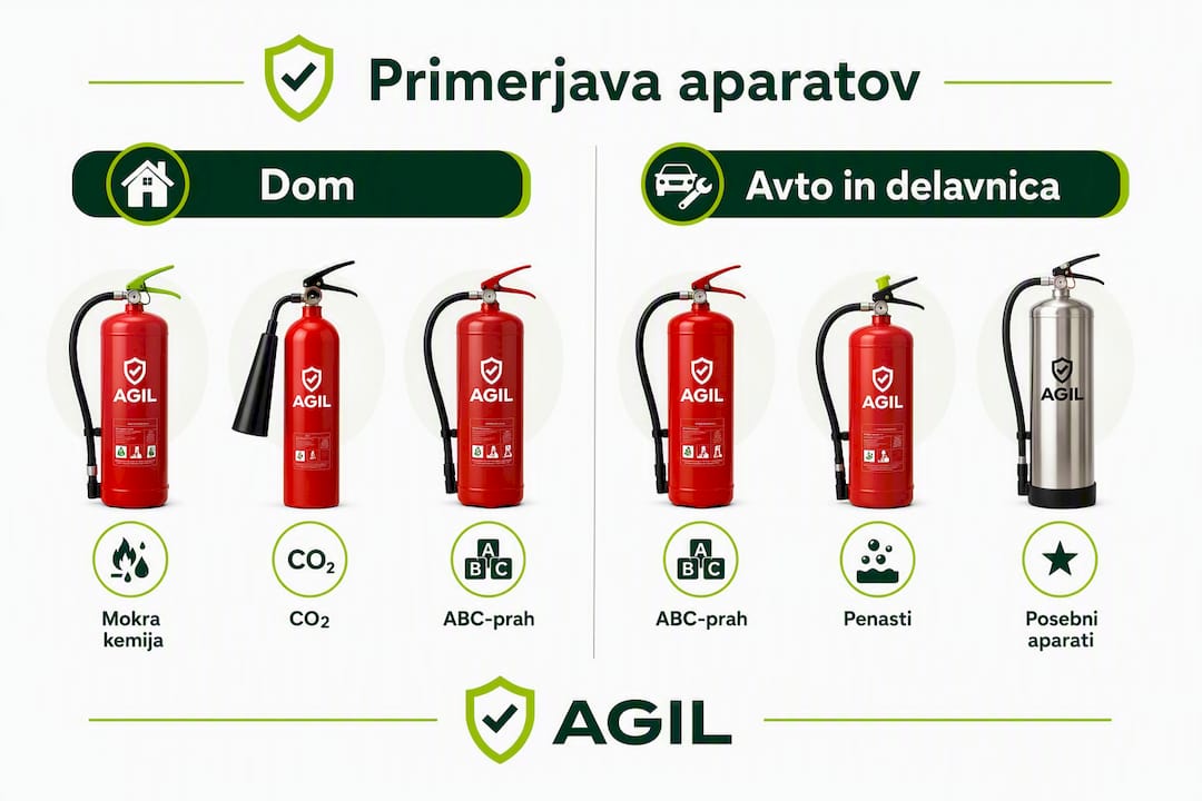 Pregledna infografika: katero vrsto gasilnika izbrati za dom, avto ali delavnico