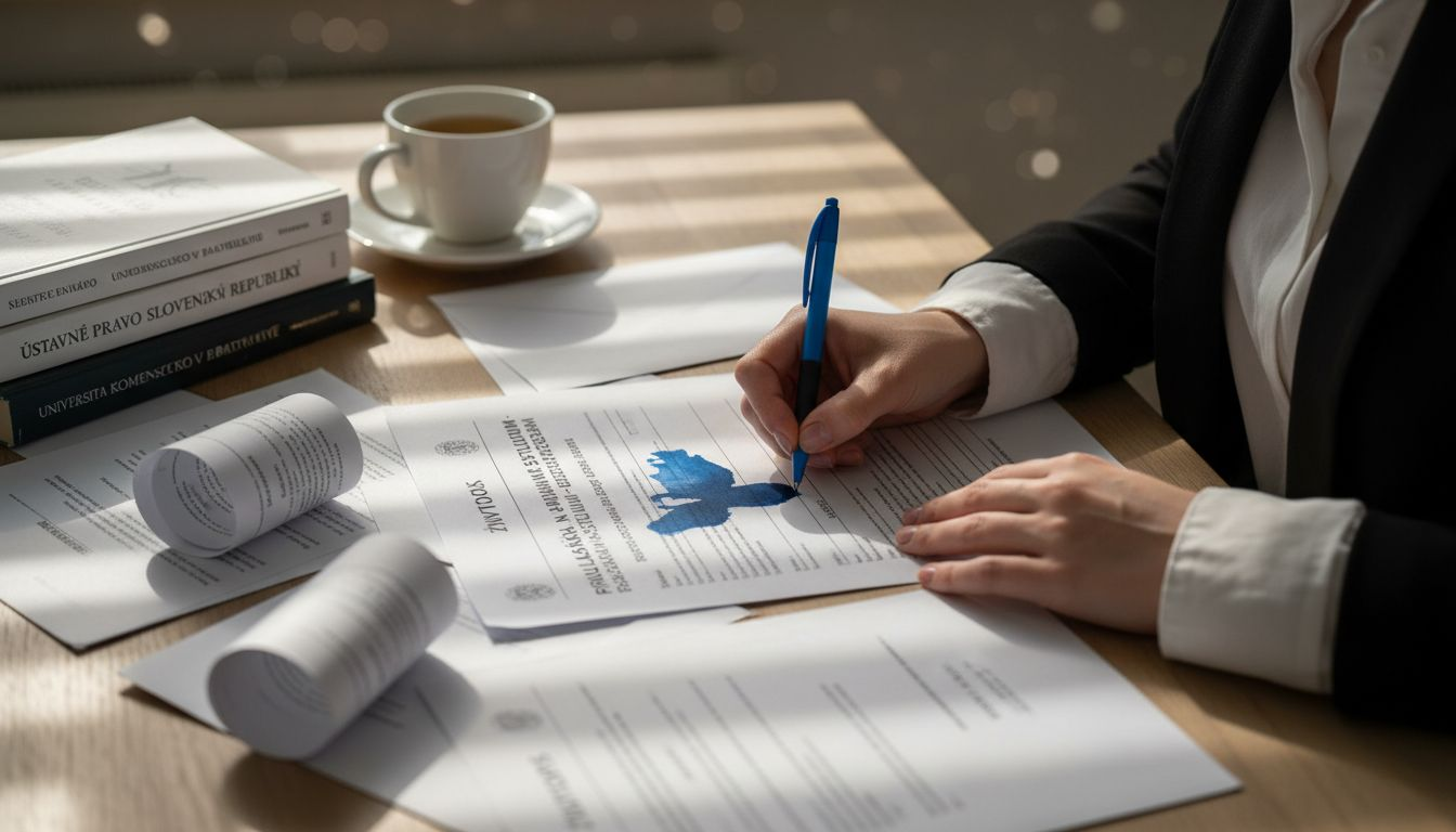 Žena podpisuje prihlášku na štúdium práva na magisterskom stupni.