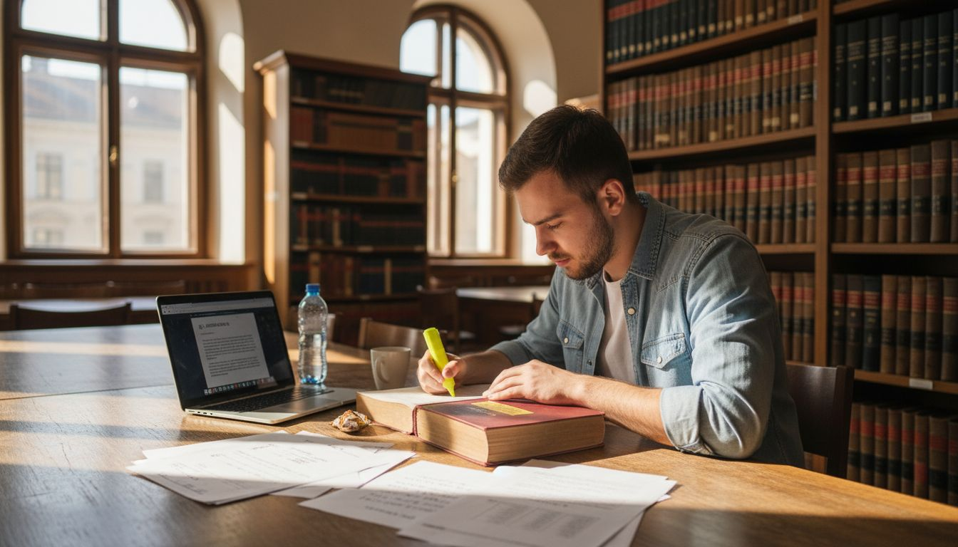 Študent práva si v knižnici prechádza učebnicu a zvýrazňuje si dôležité pasáže.