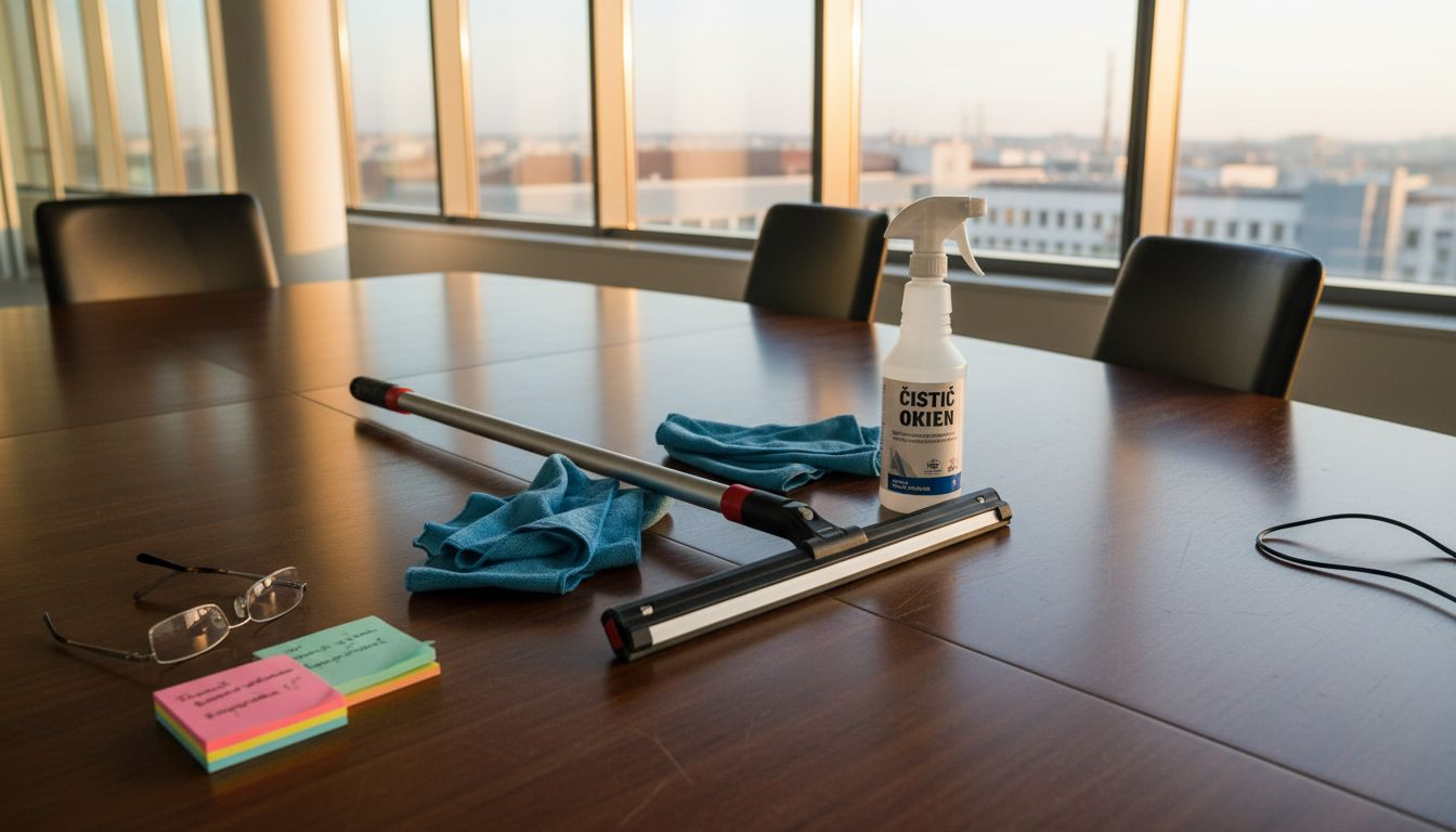 Na kancelárskom stole sú rozložené profesionálne pomôcky na umývanie okien.
