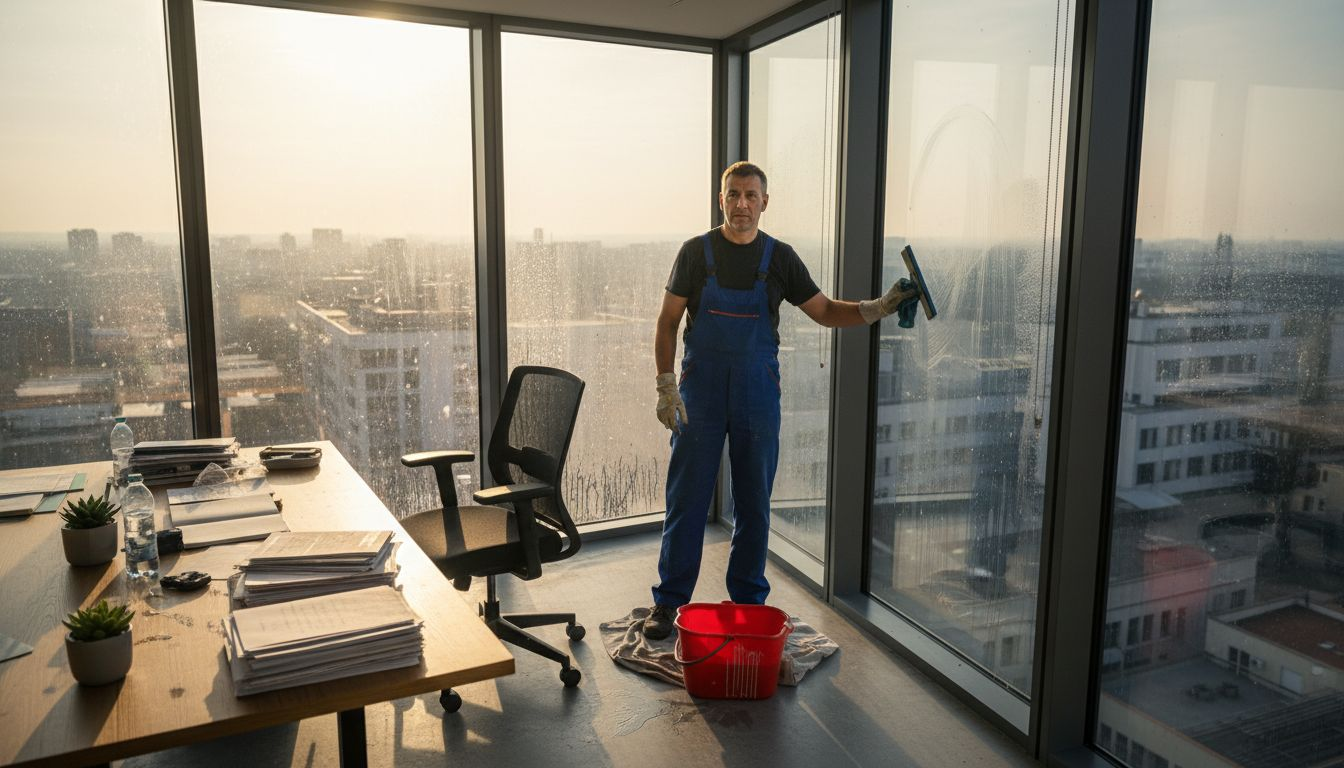 Upratovač umýva okná v rohovom kancelárskom priestore.