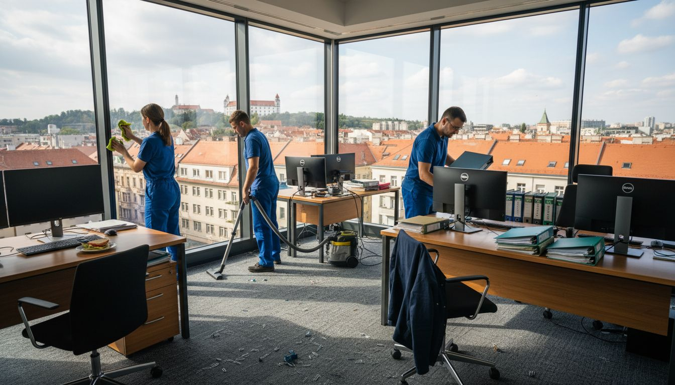 Upratovači sa starajú o čistotu a poriadok v kanceláriách v Bratislave.