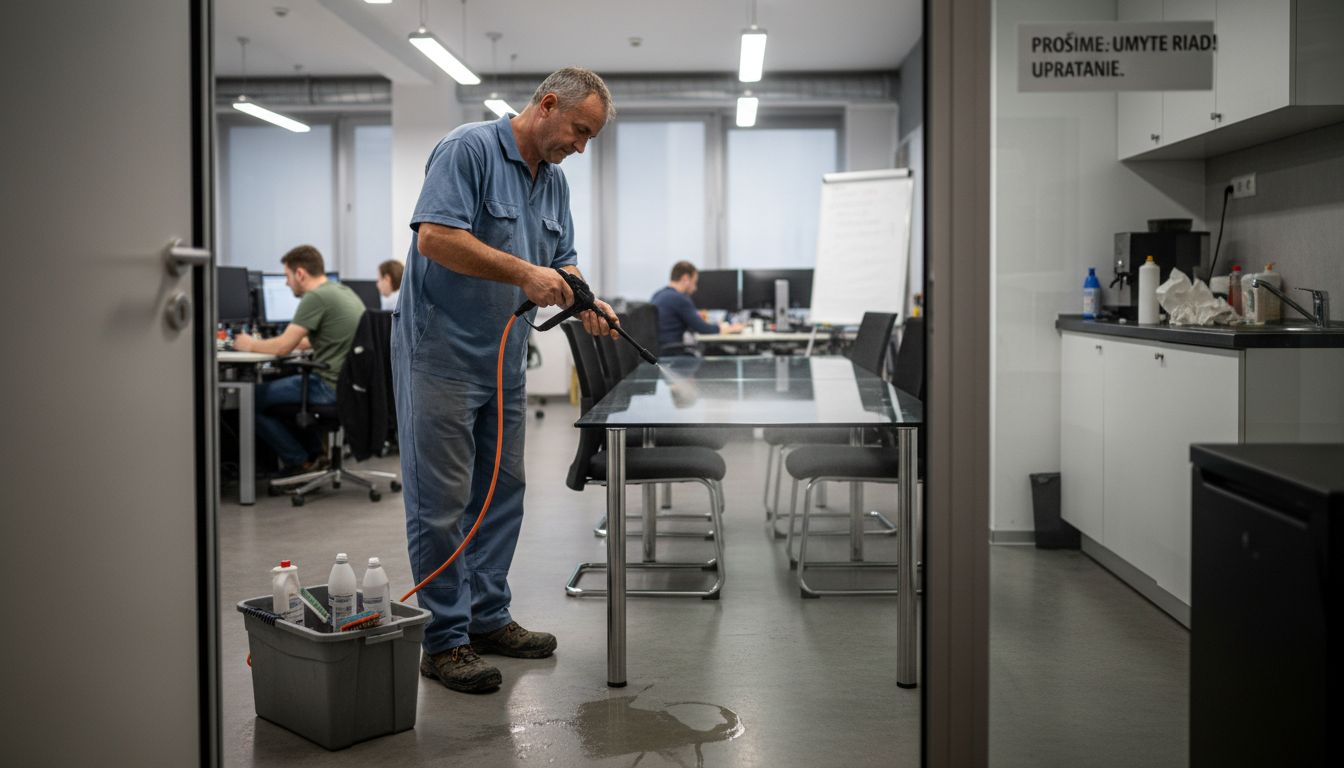 Upratovač dezinfikuje konferenčný stôl v kancelárii.