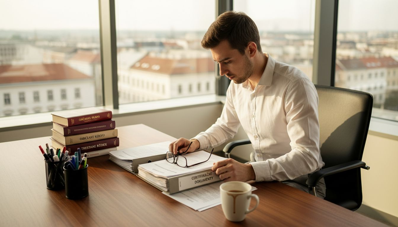 Študent práva si v kancelárii prechádza certifikačné dokumenty.