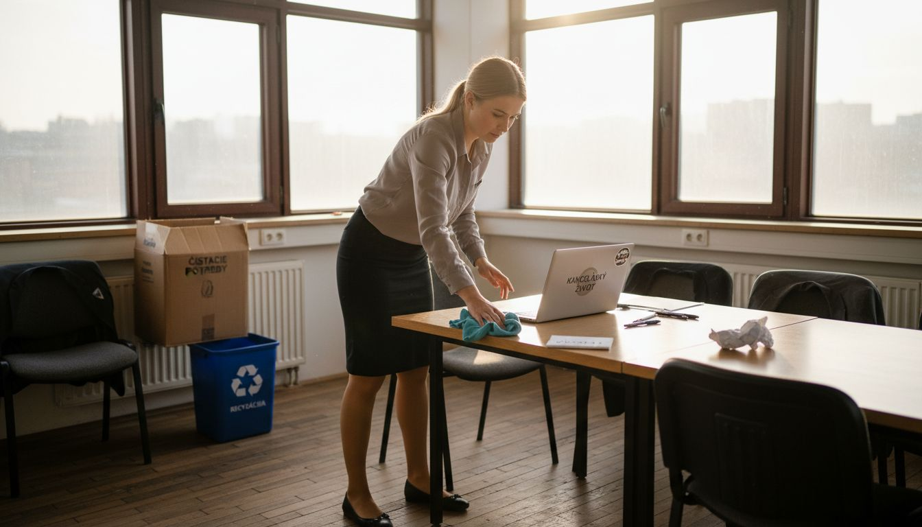 Kancelársky zamestnanec si upratuje spoločný pracovný stôl, aby bol pripravený pre ostatných kolegov.