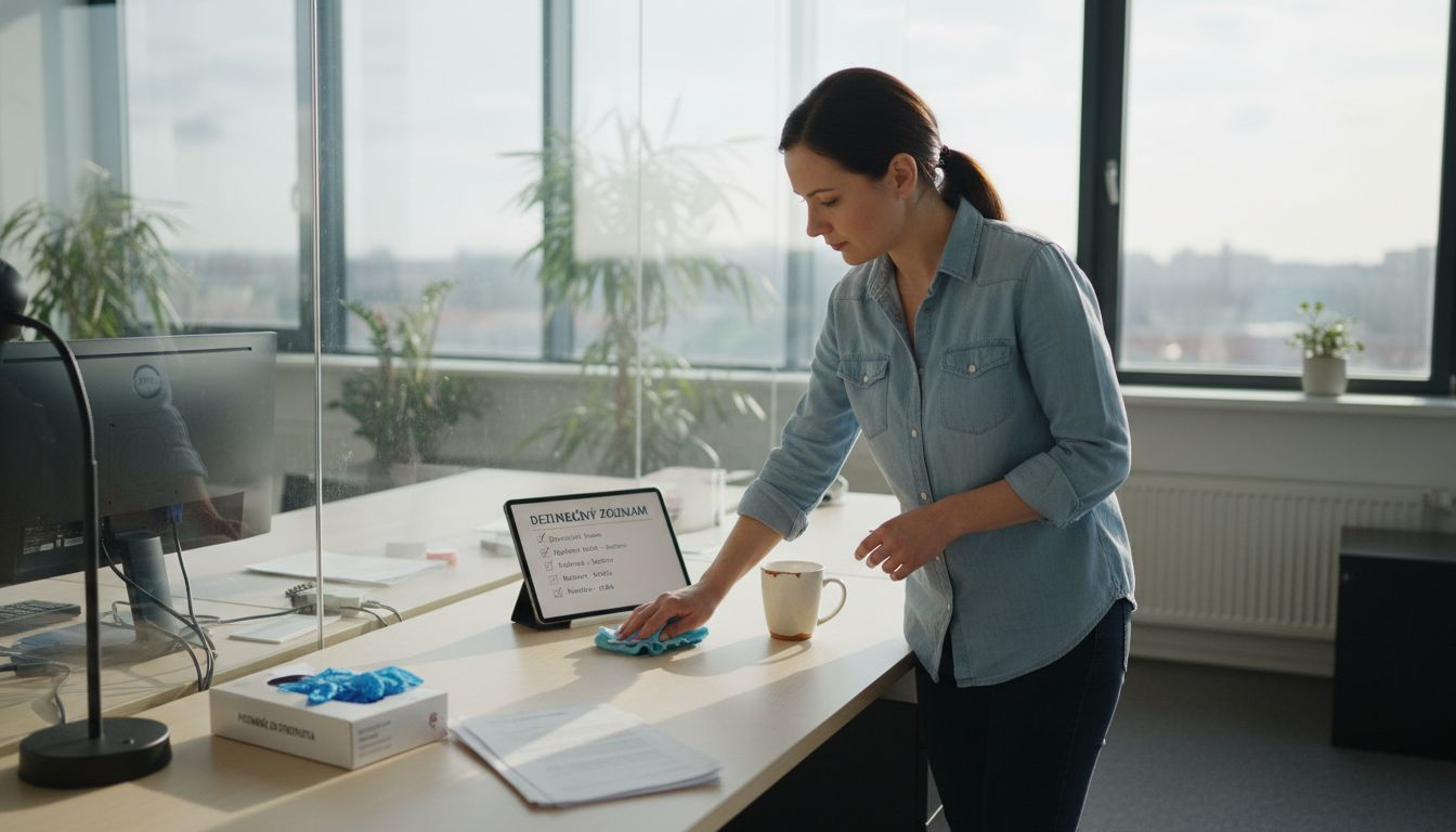 Zamestnanec utiera spoločný pracovný stôl v kancelárii.