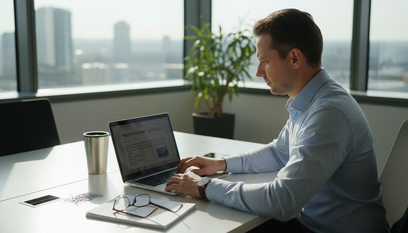 Manažér sedí vo svojej kancelárii za pracovným stolom a pracuje na počítači.