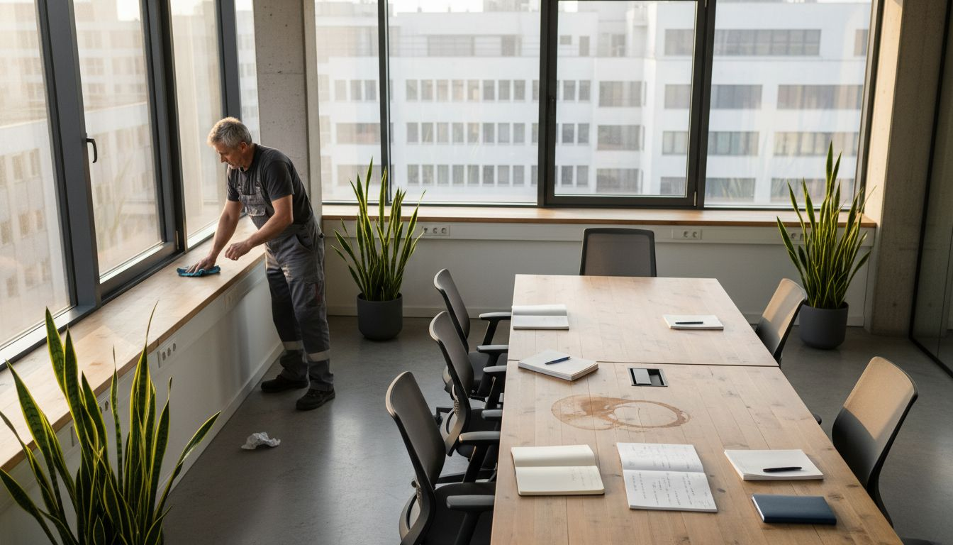 Upratovač umýva okno v kancelárii, cez ktoré preniká slnečné svetlo.