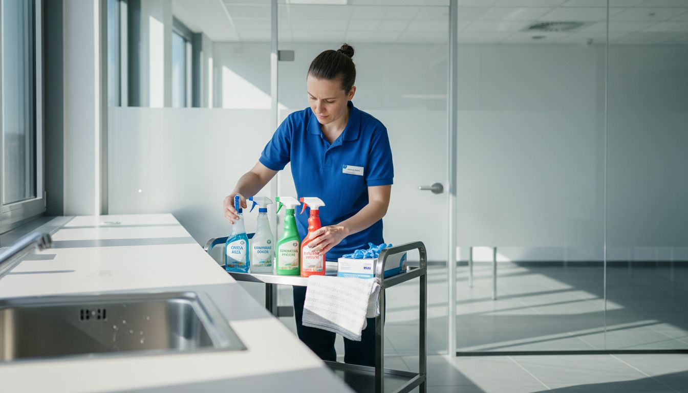 Vozík s čistiacimi prostriedkami a oddychová miestnosť pre zamestnancov