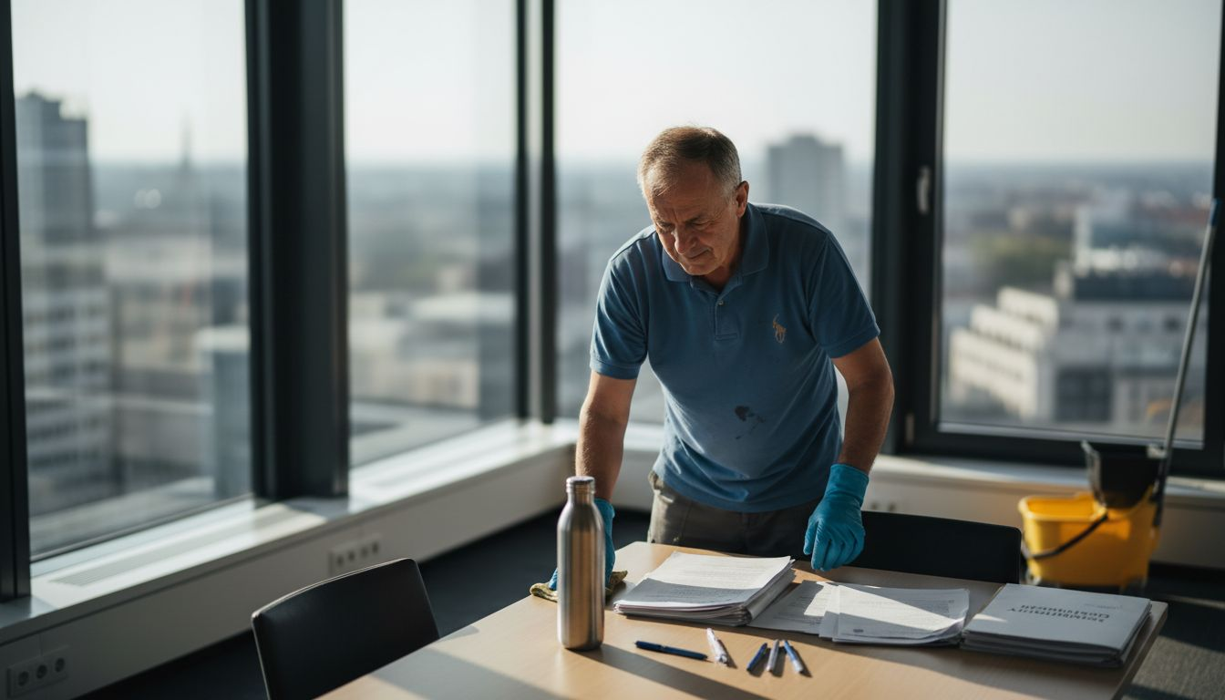 Upratovačka dôkladne dezinfikuje stôl v zasadačke, aby bolo pracovné prostredie čisté a bezpečné.