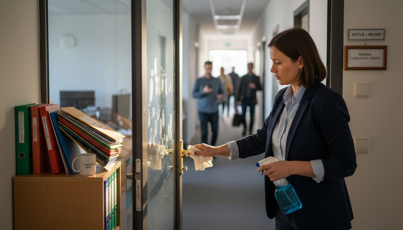 Žena utiera a dezinfikuje miesta v kancelárii, ktorých sa ľudia často dotýkajú – napríklad kľučky, vypínače či pracovné stoly.