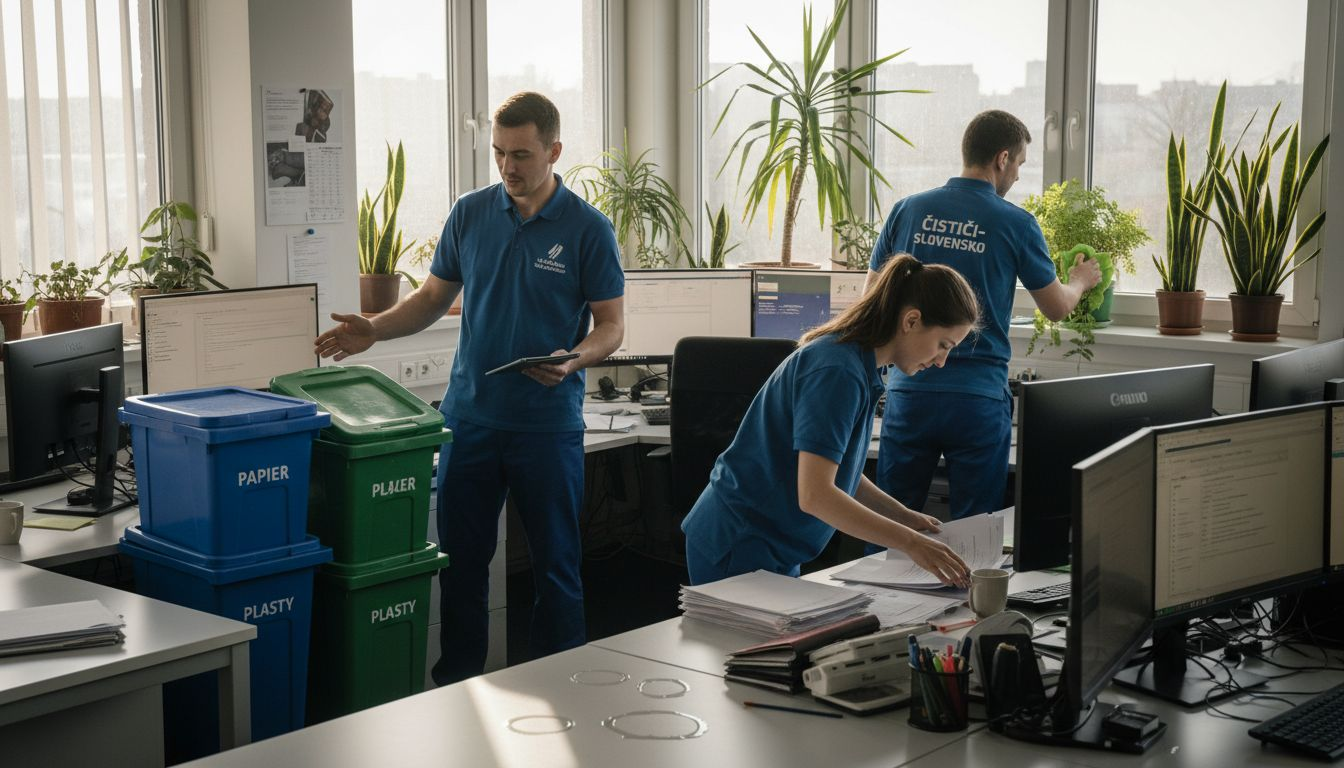 Upratovací tím práve zabezpečuje čistotu vo firemných kanceláriách.