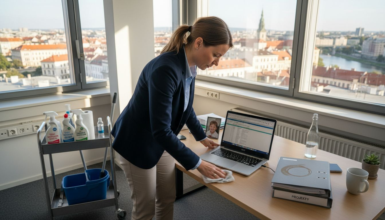 Kancelársky pracovník upratuje spoločný pracovný stôl v rohovom priestore kancelárie.
