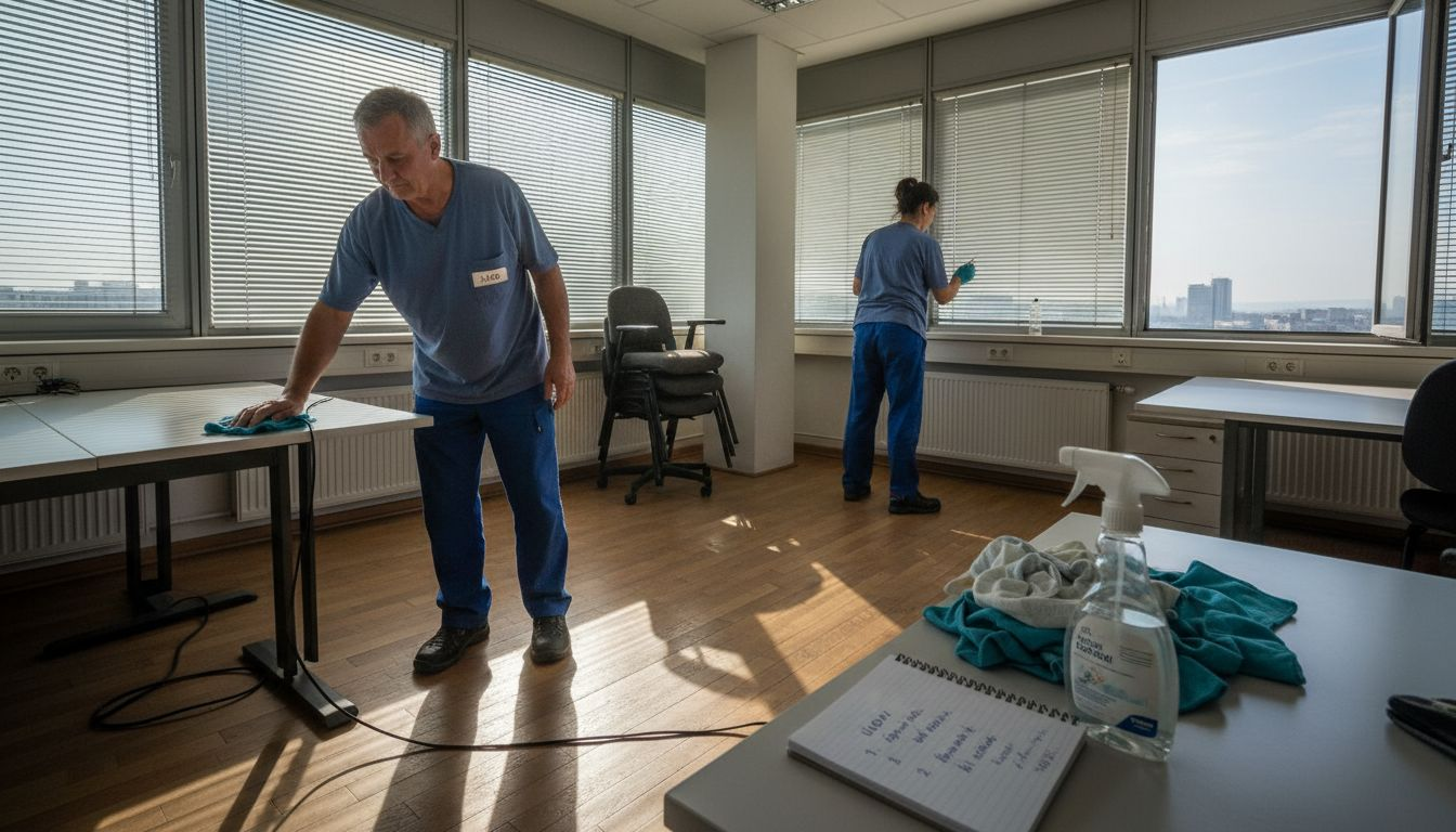 Upratovači pracujúci v presvetlenej kancelárii na rohu budovy