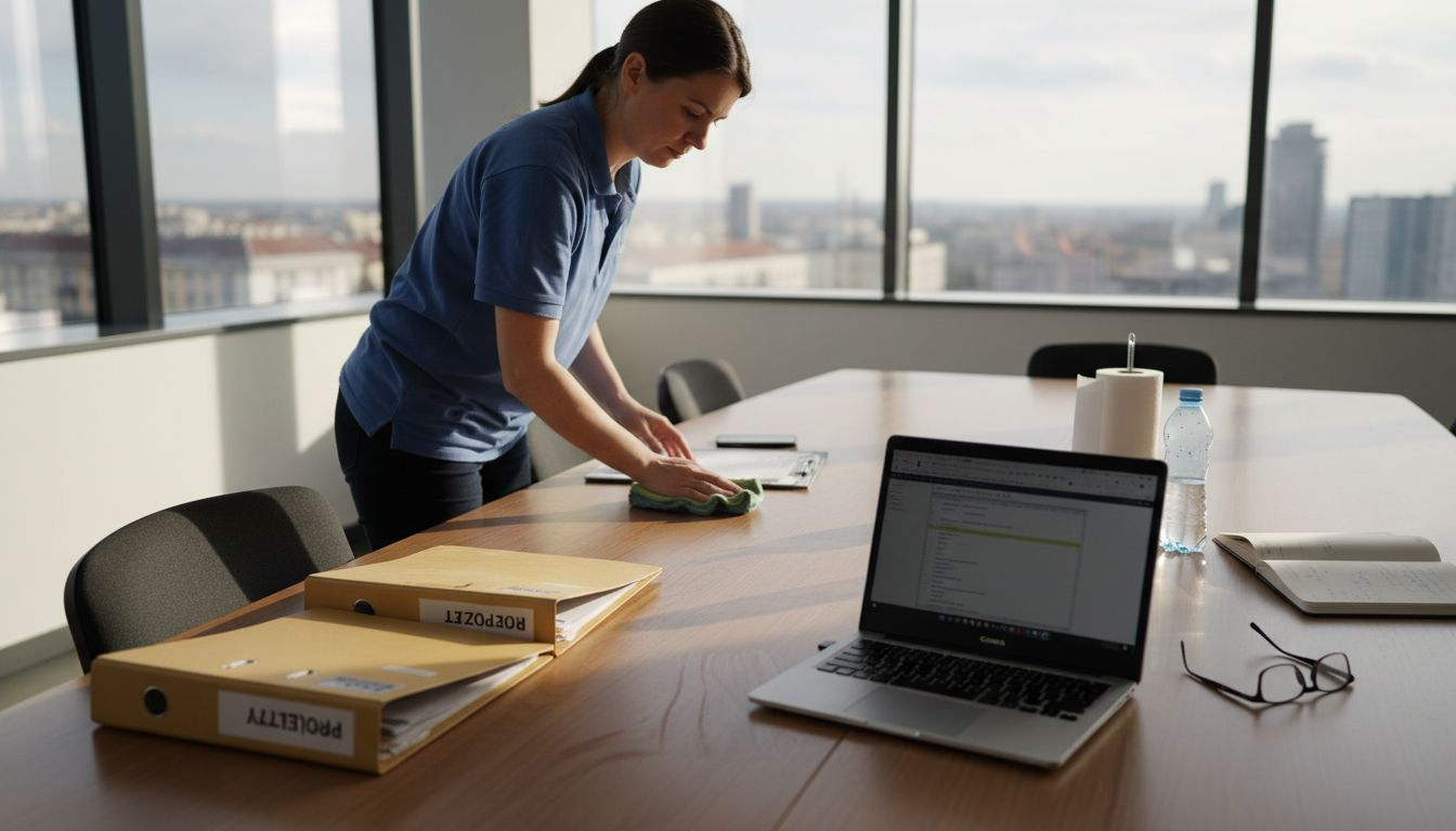 Upratovači práve dezinfikujú konferenčný stôl.