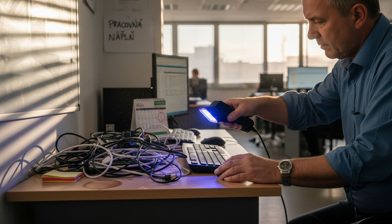 Zamestnanec dezinfikuje klávesnice v kancelárii pomocou UV lampy.