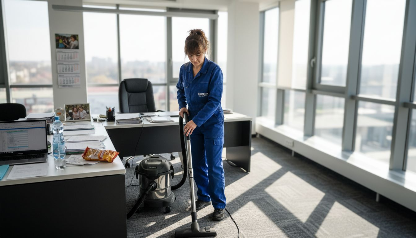Skúsená upratovačka práve vysáva kanceláriu plnú zamestnancov a ruchu.