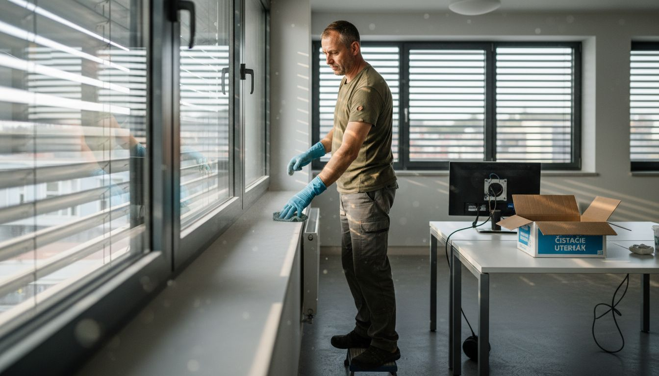 Upratovač dôkladne utiera prach z okien po skončení rekonštrukcie.