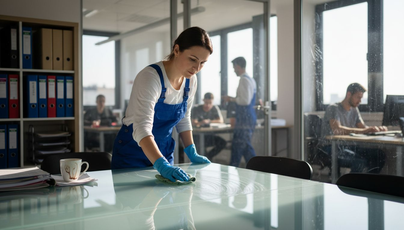 Upratovačka práve utiera stôl v rušnej kancelárii plnej pracovníkov.