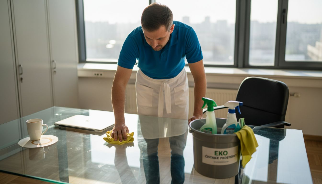 Upratovačka utiera pracovný stôl v slnečnom rohu kancelárie.