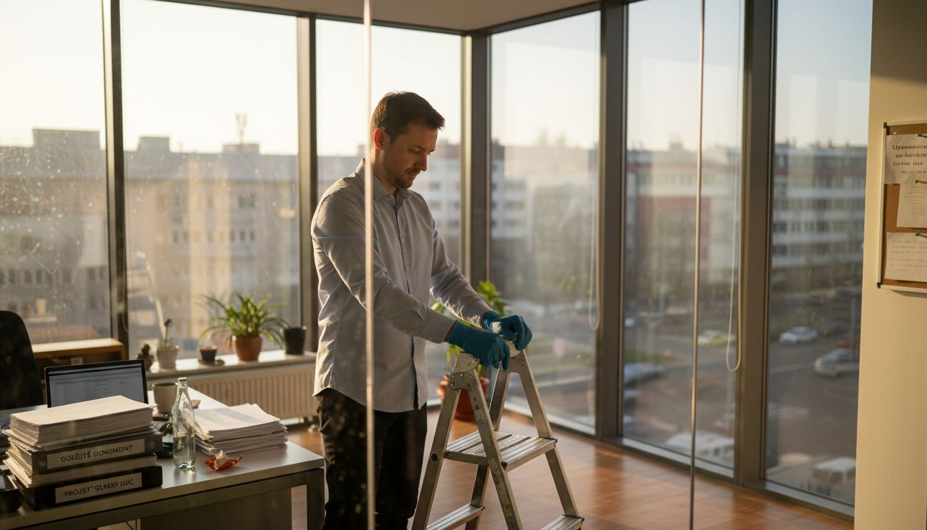 Kancelársky zamestnanec sa chystá umývať okná.