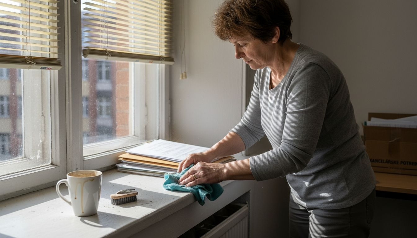 Utieranie prachu z parapetu v kancelárii