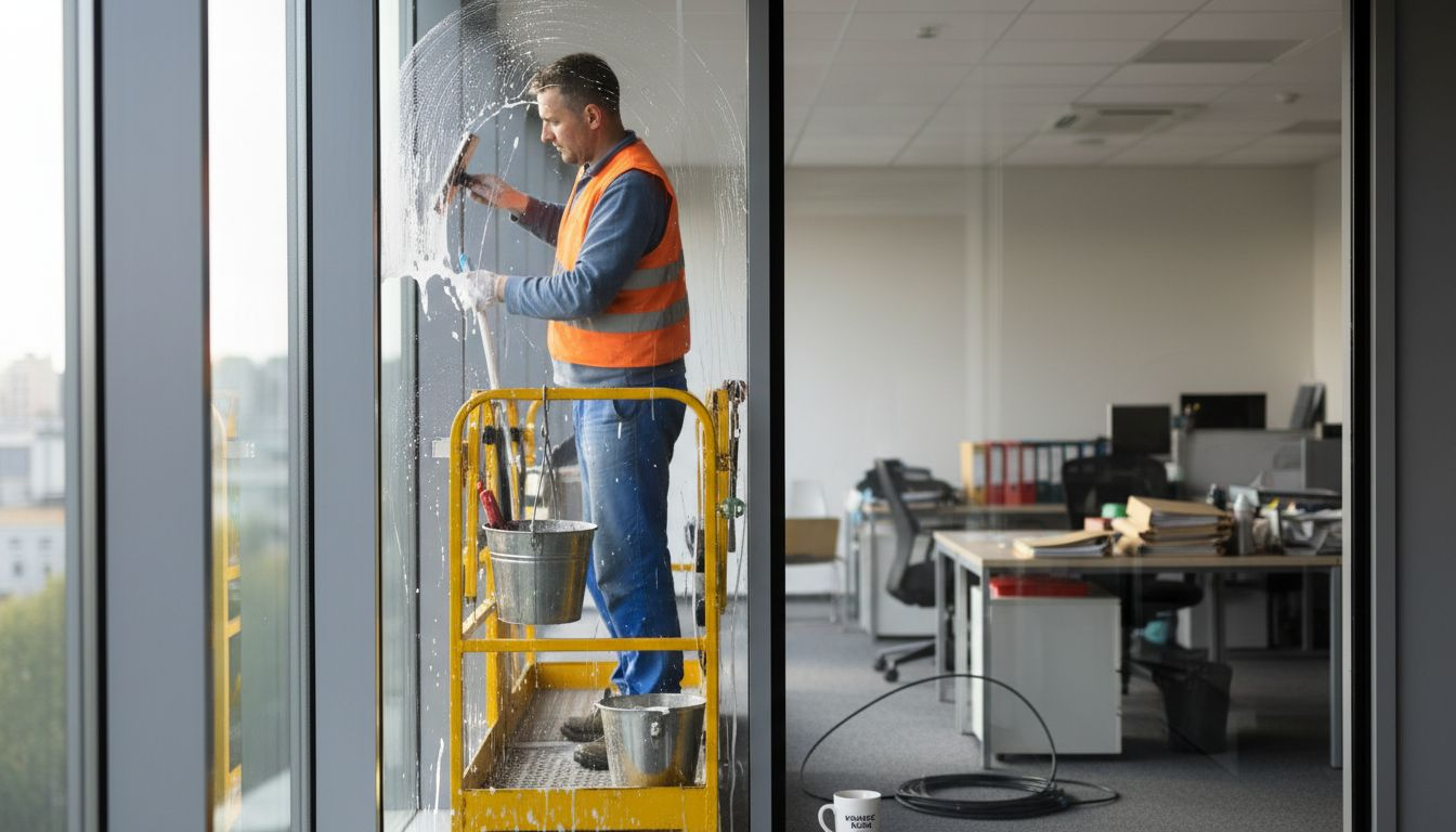 Umývač okien pracuje na vonkajšej strane kancelárskej budovy na šiestej poschodí.