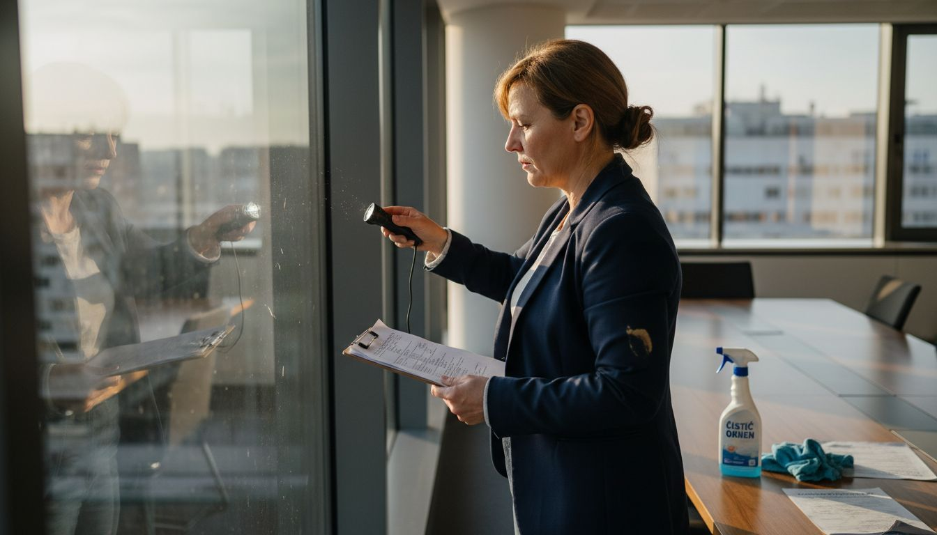 Kontrolór kvality preveruje, ako dôkladne sú vyčistené kancelárske okná.