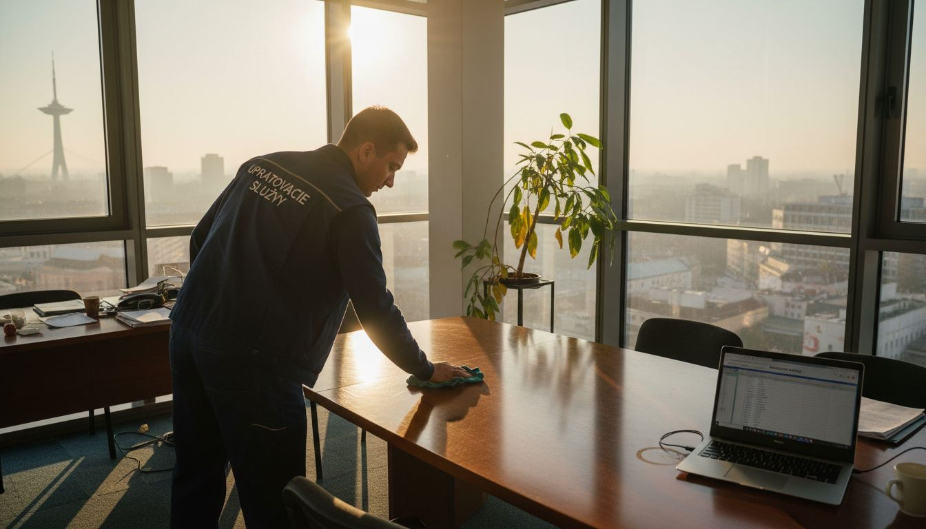 Upratovačka utiera stôl v presvetlenej kancelárii