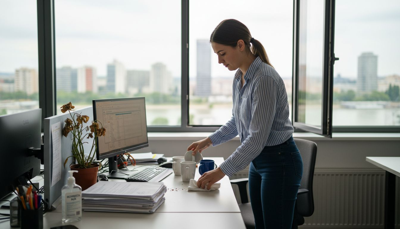 Zamestnanec si upratuje svoj pracovný stôl v bratislavskej kancelárii.