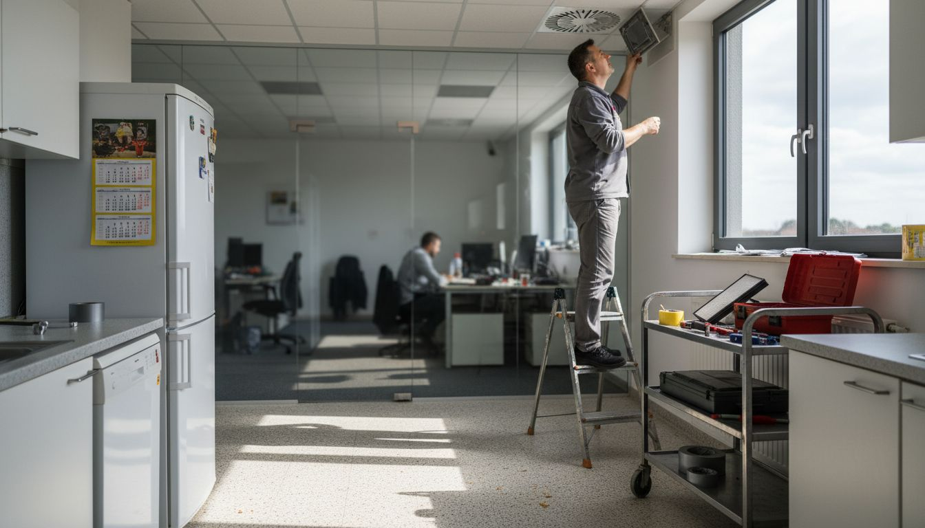 Upratovač pravidelne zabezpečuje údržbu kancelárskych priestorov.