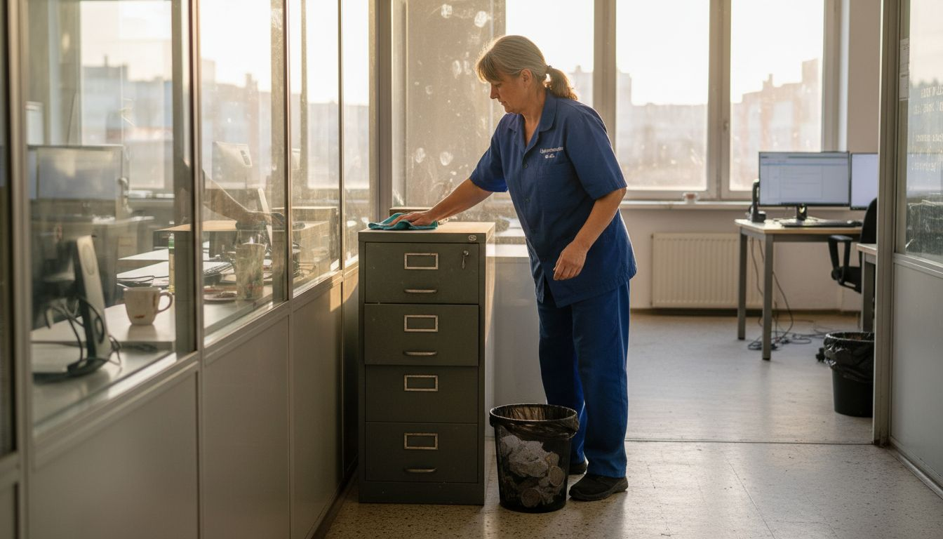 Upratovač utiera prach zo skrinky v kancelárii.