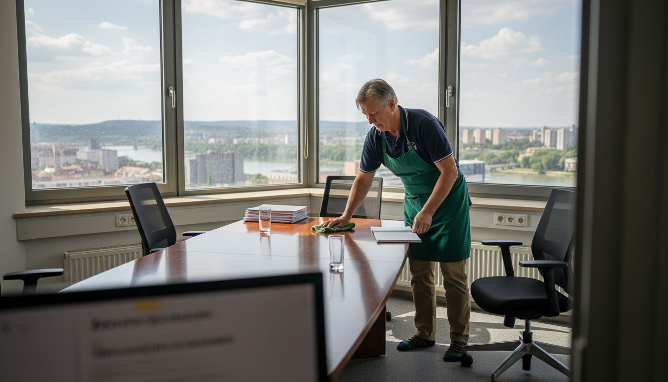 Upratovací personál v kancelárskych priestoroch na šiestom poschodí