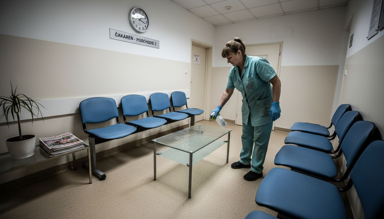 Upratovačka práve dezinfikuje nábytok v čakárni nemocnice, aby bolo prostredie čisté a bezpečné pre pacientov.