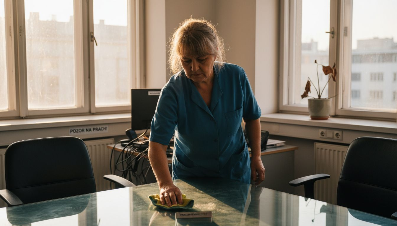 Upratovačka utiera pracovný stôl v presvetlenej kancelárii.