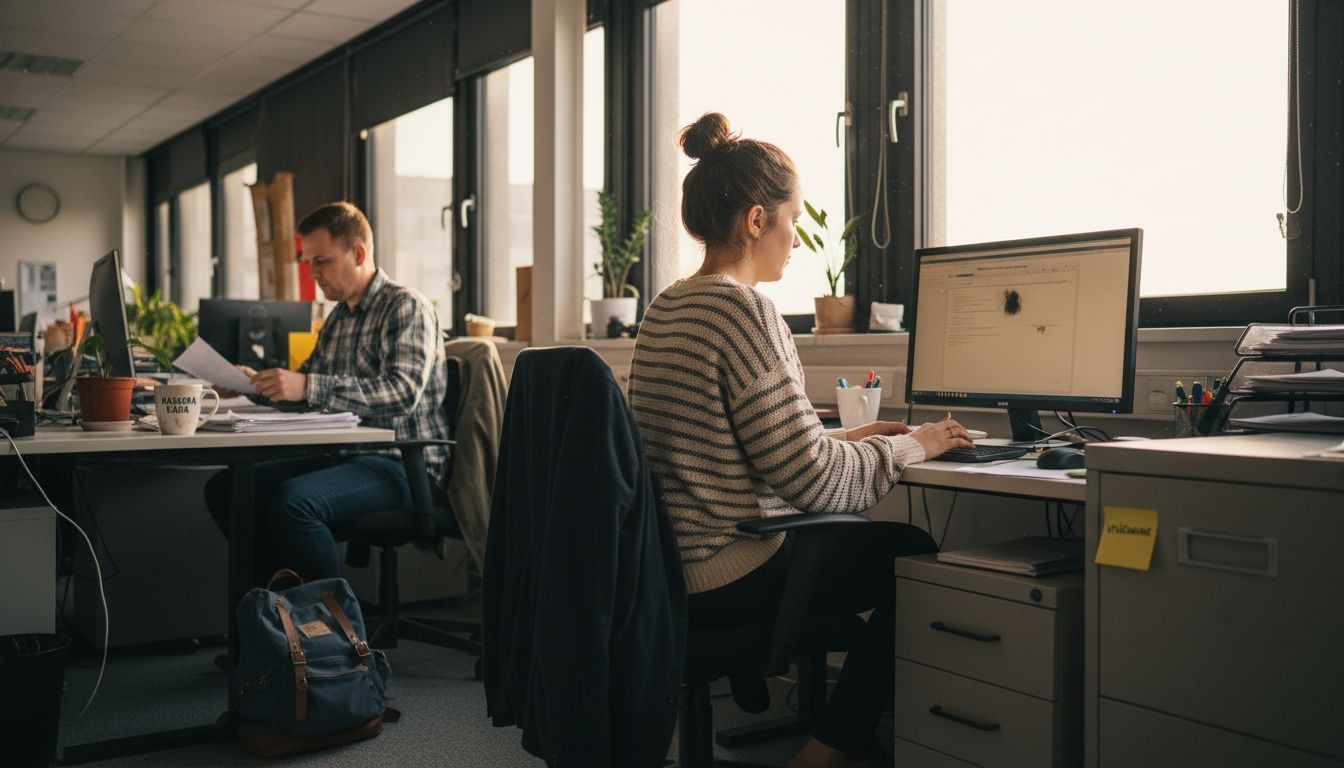 Kancelárski zamestnanci pracujúci v trochu neorganizovanom pracovnom prostredí.