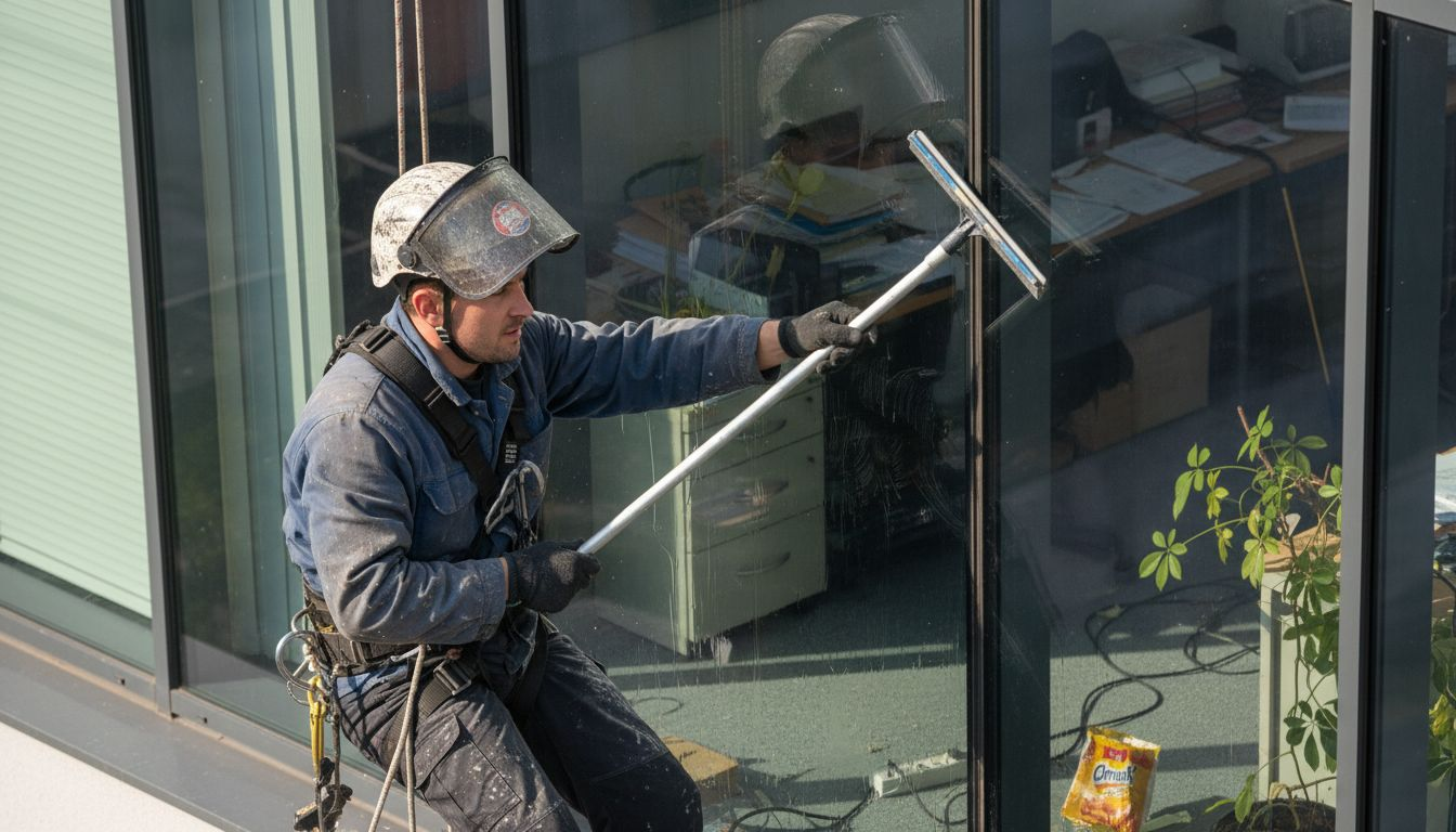 Umývač okien zavesený v postroji pracuje na vonkajšej strane kancelárskeho okna.