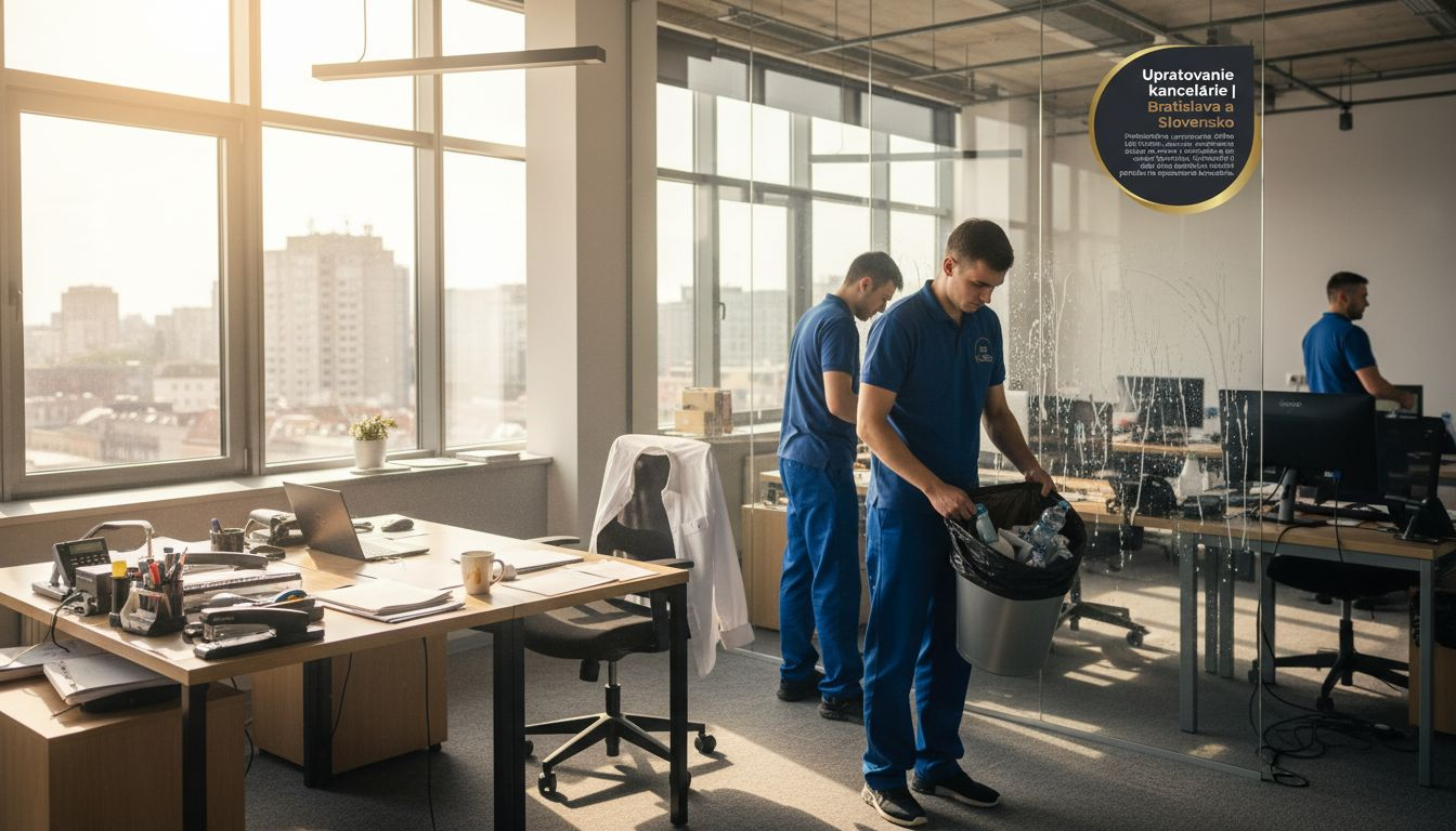 Upratovačky sa starajú o poriadok v rušnej kancelárii plnej zamestnancov.