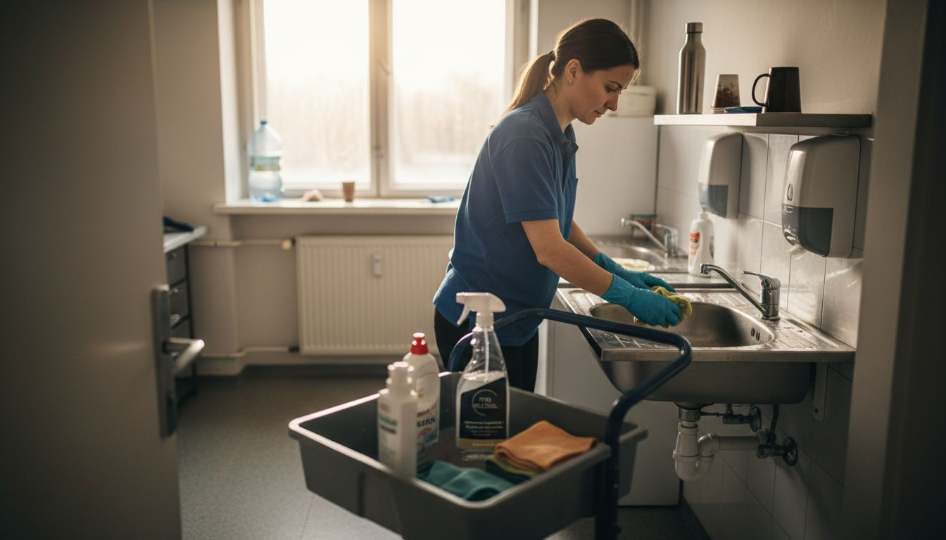Špecialista na upratovanie dôkladne dezinfikuje umývadlový priestor v kancelárii.