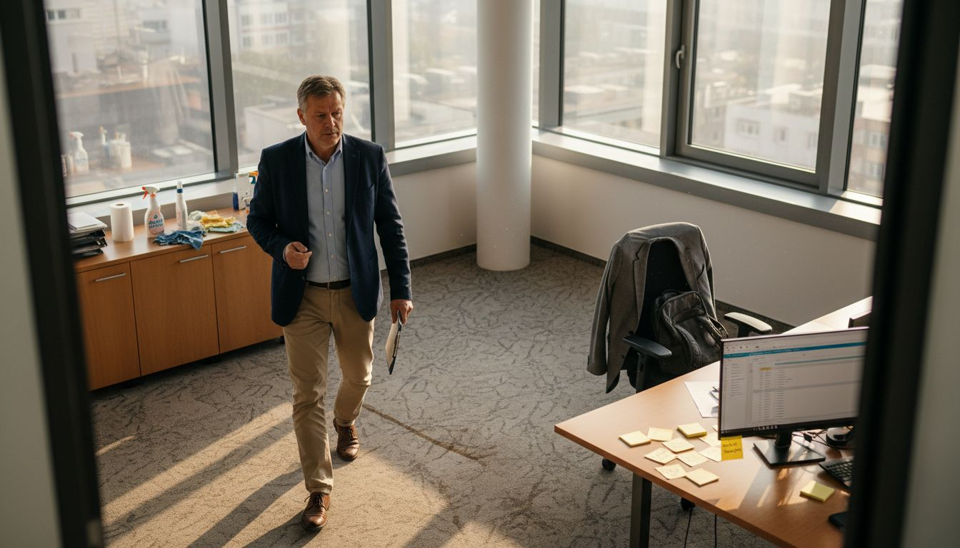 Muž kontroluje čistotu kancelárie s poznámkami v ruke.