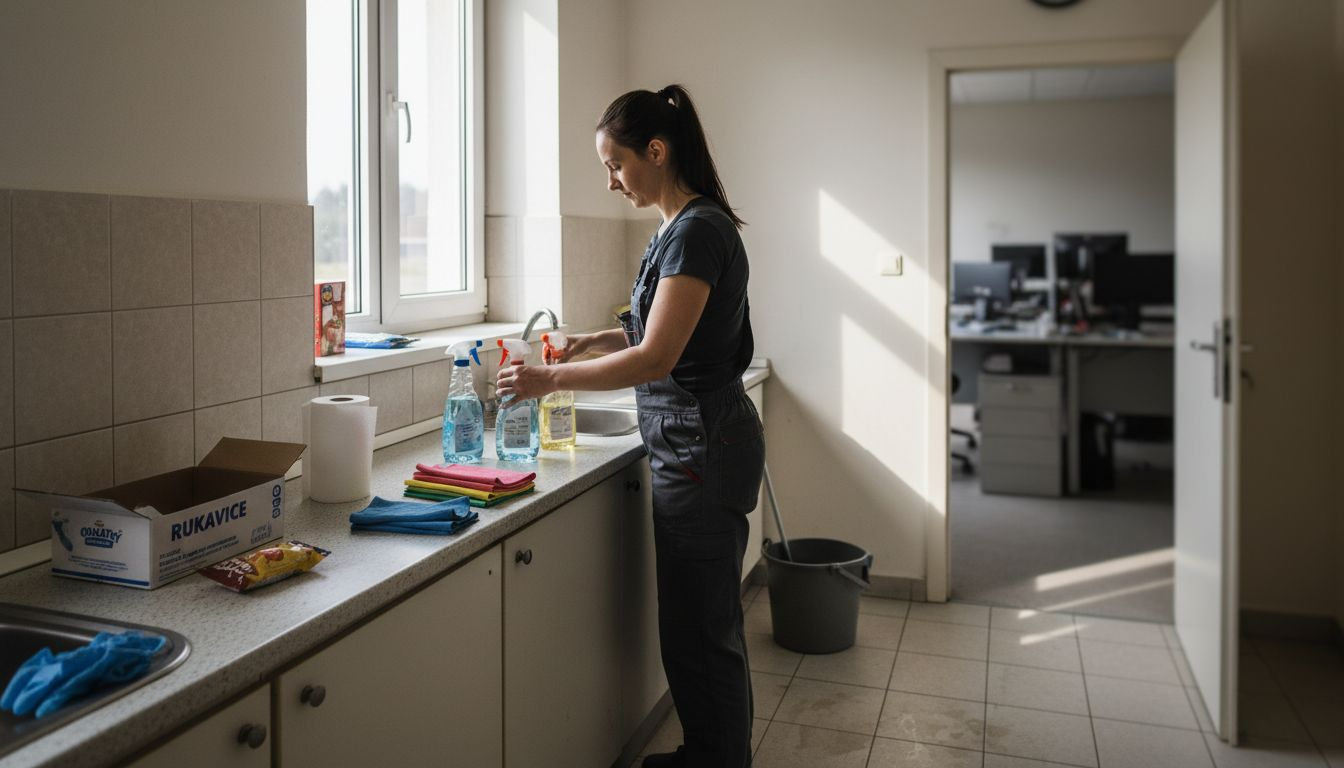 Zamestnanec ukladá upratovacie pomôcky na pracovnej kuchynke.