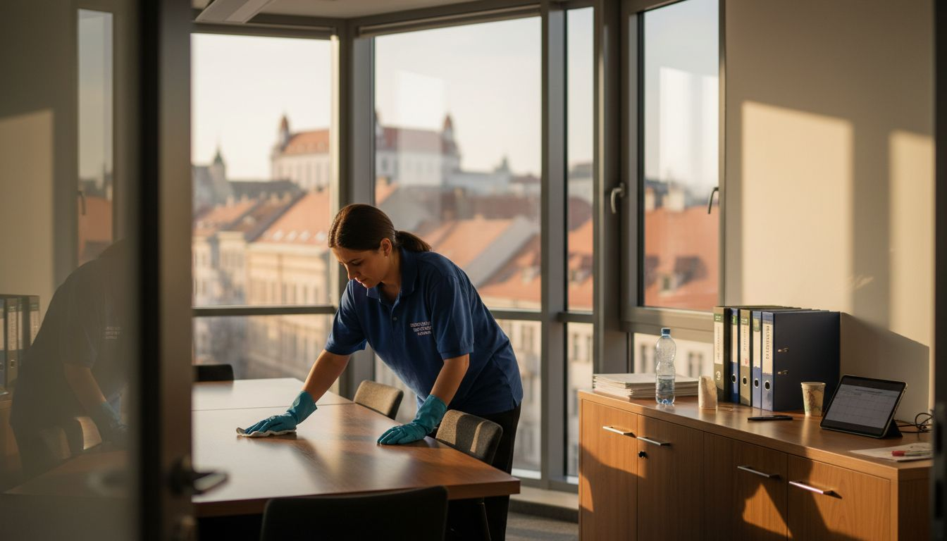 Upratovačka dôkladne utiera pracovný stôl v kancelárii, ktorá sa nachádza v rohu budovy.