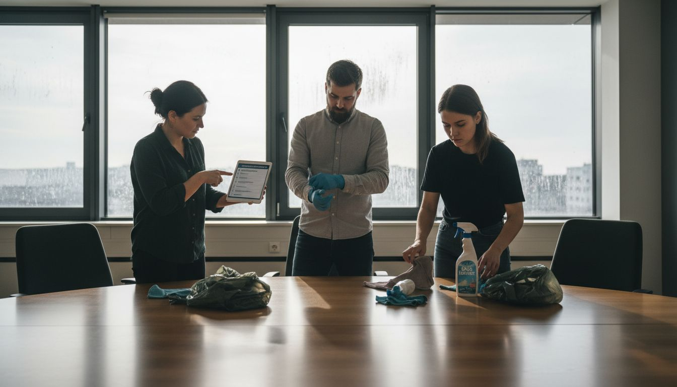 Upratovací tím si v kancelárii rozdeľuje jednotlivé úlohy.