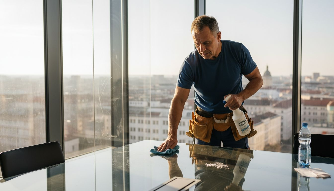 Upratovač upratuje rohovú kanceláriu s pomocou čistiacich prostriedkov.