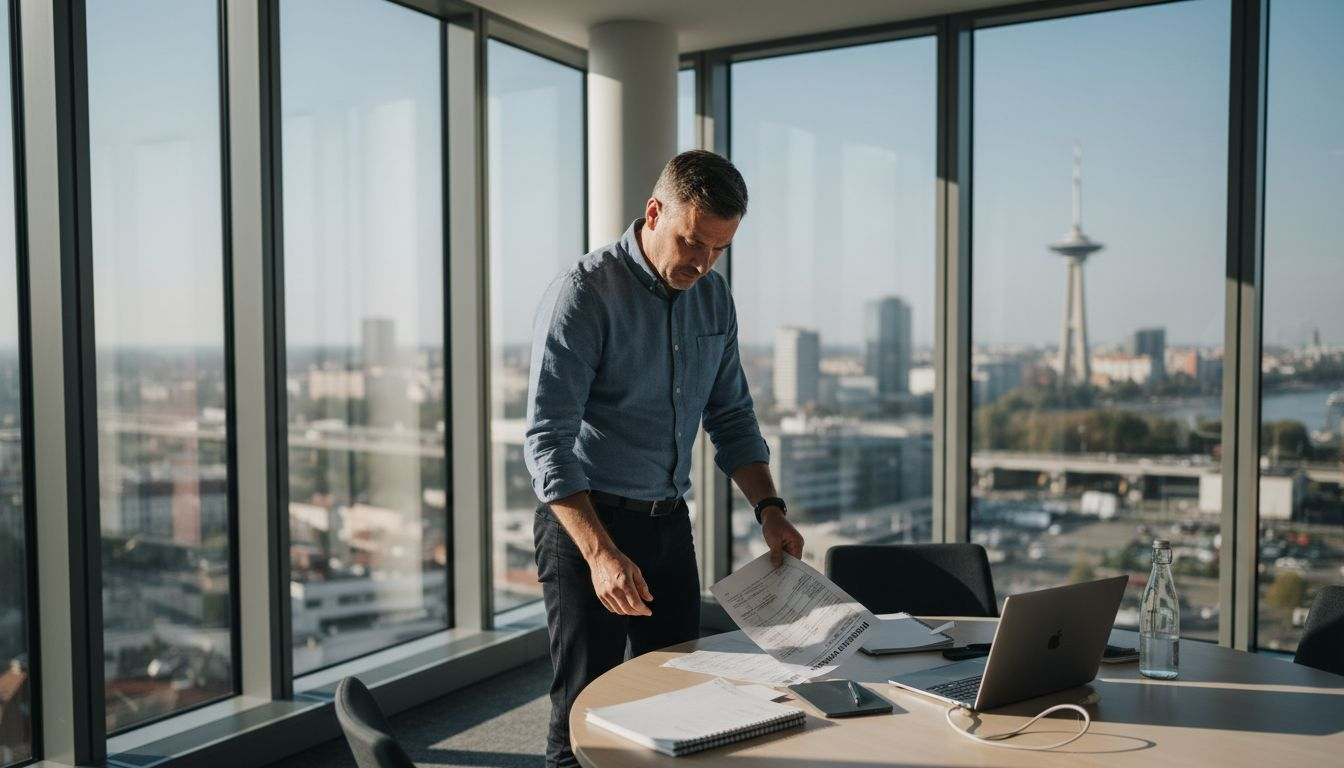 Správca budovy kontroluje rozpis upratovania v kanceláriách.