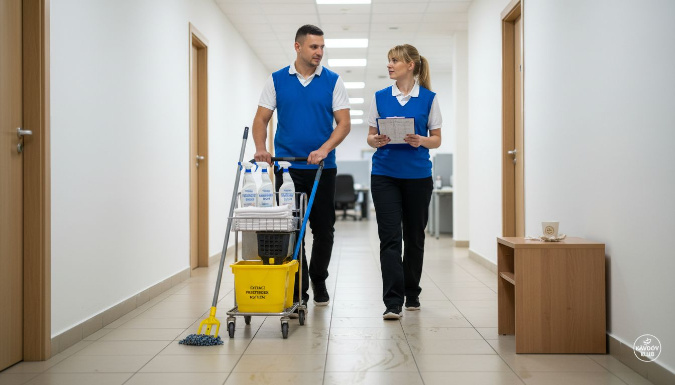 Upratovači práve pracujú na chodbe v kancelárskej budove.