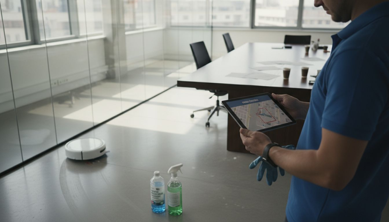 V konferenčnej miestnosti sa pustil do práce automatický čistiaci robot.