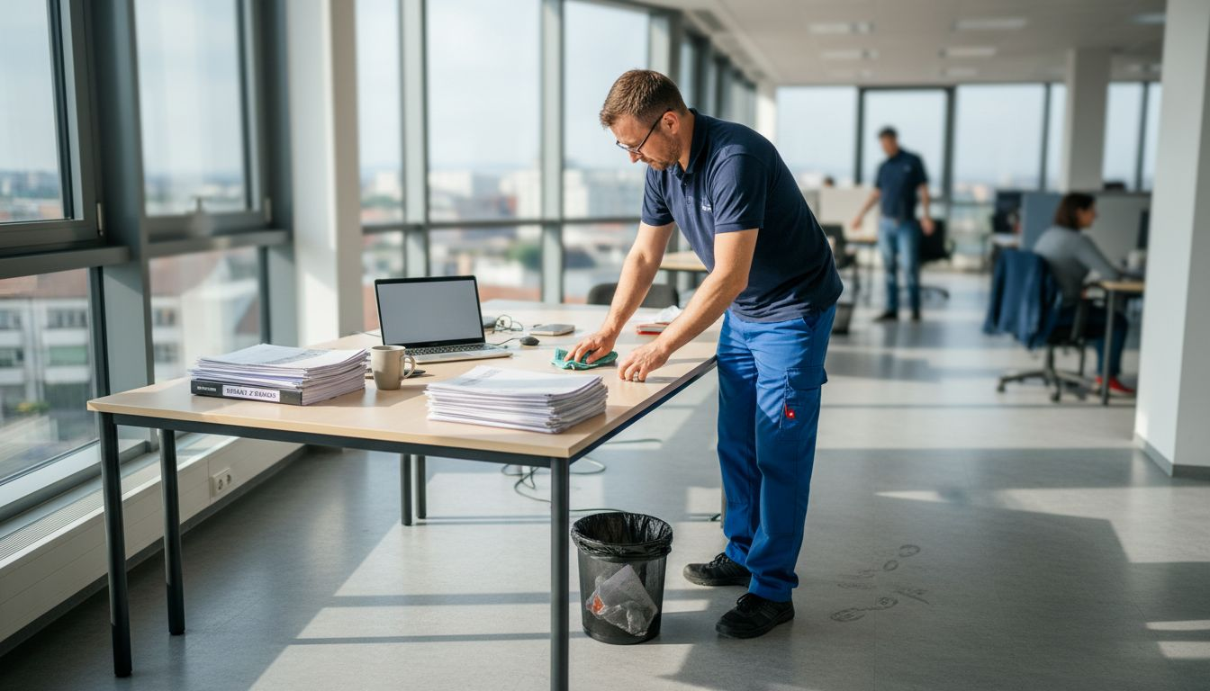 Upratovačka utiera stôl v kancelárii, zatiaľ čo miestnosť zaplavuje slnečné svetlo.